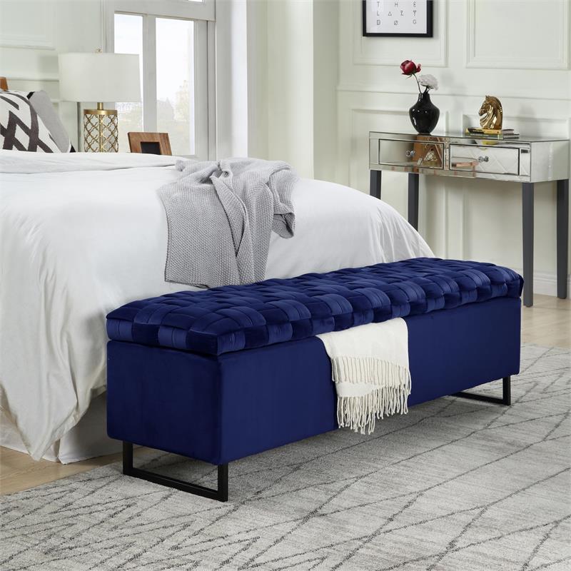 Danielle Rectangular Storage Bench Navy Velvet  Upholstered Hand Woven