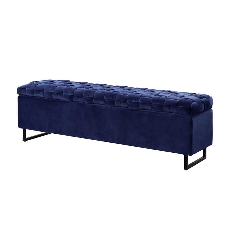 Danielle Rectangular Storage Bench Navy Velvet  Upholstered Hand Woven