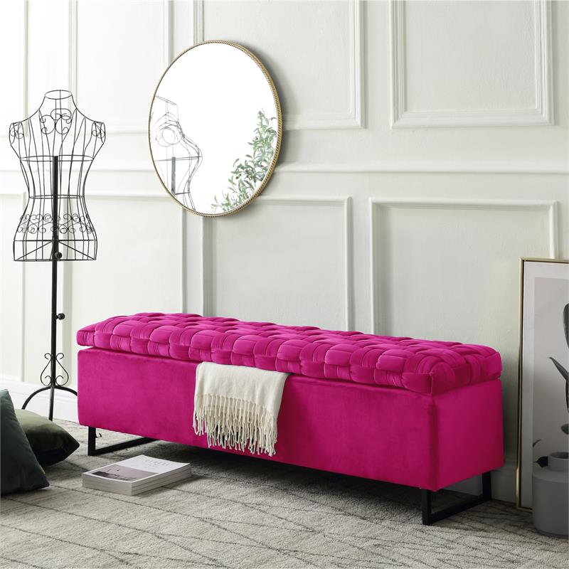 Danielle Rectangular Storage Bench Fuchsia Velvet  Upholstered Hand Woven