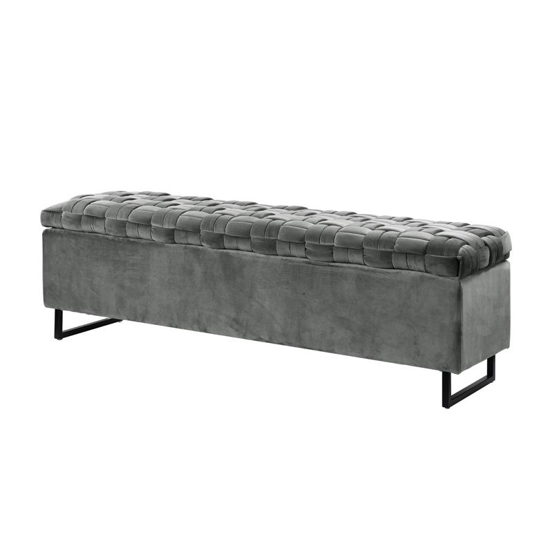 Danielle Rectangular Storage Bench Gray Velvet  Upholstered Hand Woven