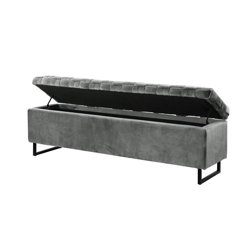 Danielle Rectangular Storage Bench Gray Velvet  Upholstered Hand Woven