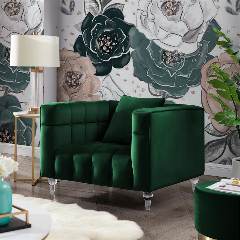 Adalyn Club Chair Hunter Green Velvet  Biscuit Tufted Lucite Leg