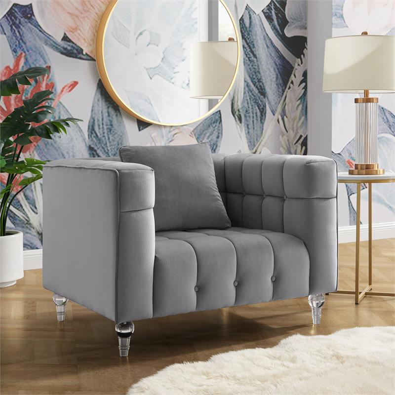 Adalyn Club Chair Gray Velvet  Biscuit Tufted Lucite Leg