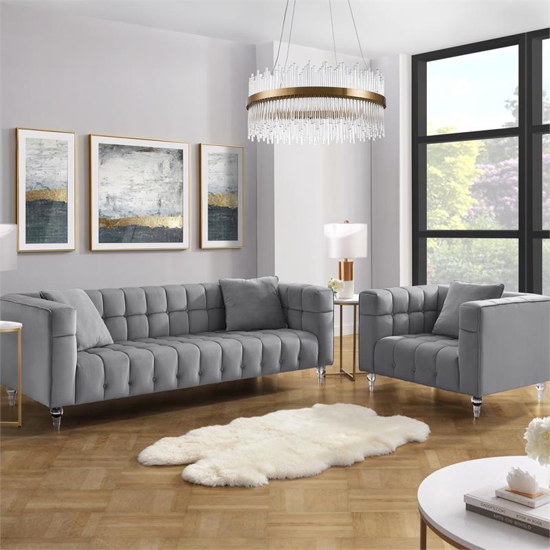 Adalyn Club Chair Gray Velvet  Biscuit Tufted Lucite Leg