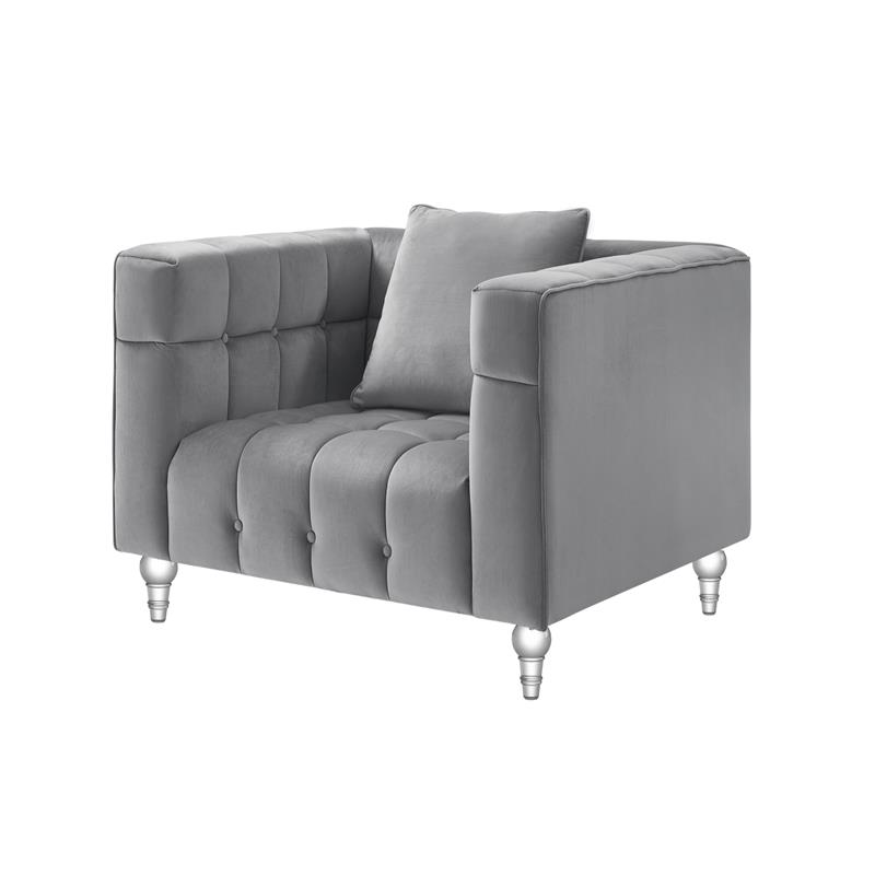 Adalyn Club Chair Gray Velvet  Biscuit Tufted Lucite Leg