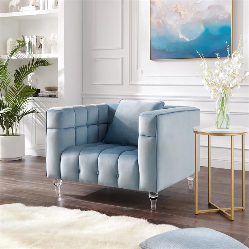 Adalyn Club Chair Teal Blue Velvet  Biscuit Tufted Lucite Leg