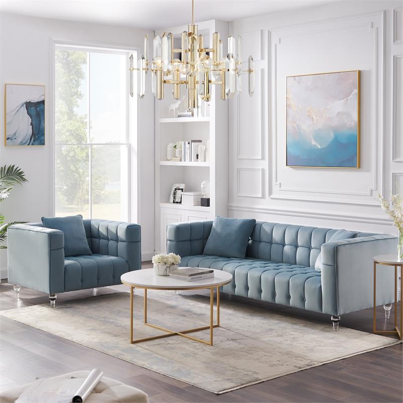 Adalyn Club Chair Teal Blue Velvet  Biscuit Tufted Lucite Leg