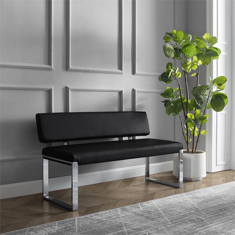 Mabel Bench Black Leather PU  Upholstered Chrome Legs Rectangular