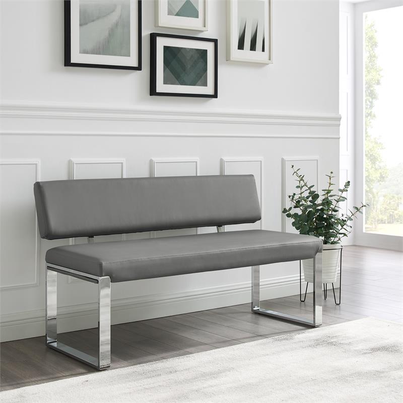 Mabel Bench Gray Leather PU  Upholstered Chrome Legs Rectangular