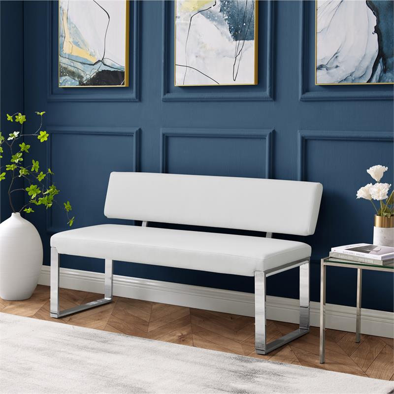 Mabel  Bench White Leather PU Upholstered Chrome Legs Rectangular