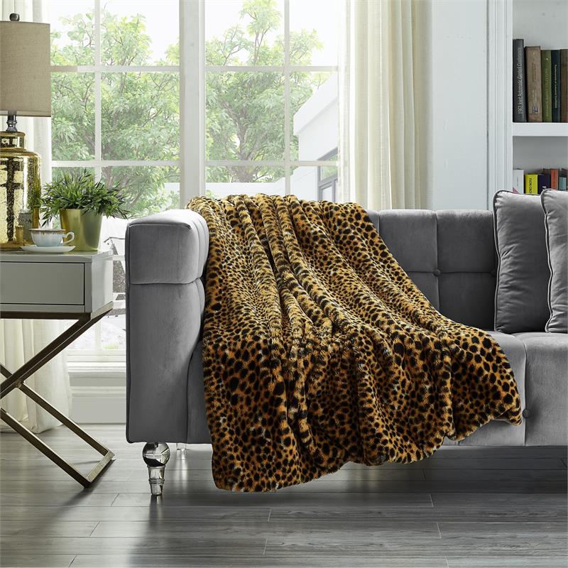 Maia Throw Cheetah Polyester Microfiber 50 In x 60 In Print Rabbit Fur in Brown