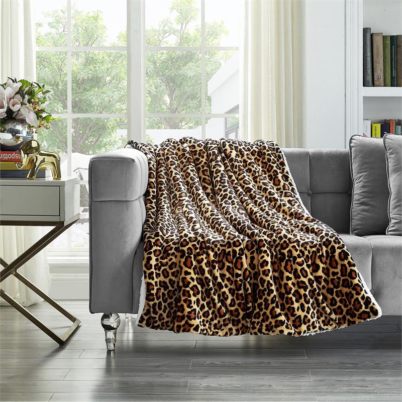 Skyla Throw Leopard Polyester Microfiber 50 In x 60 In Reverse Sherpa in Brown