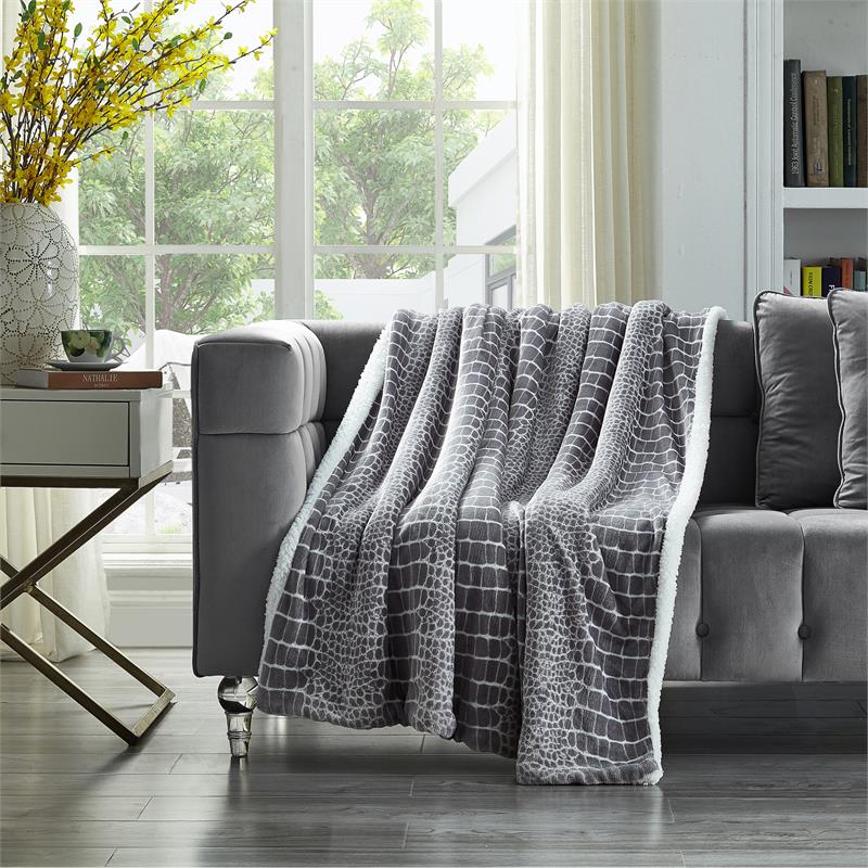 Skyla Throw Crocodile Polyester Microfiber 50 In x 60 In Reverse Sherpa in Gray
