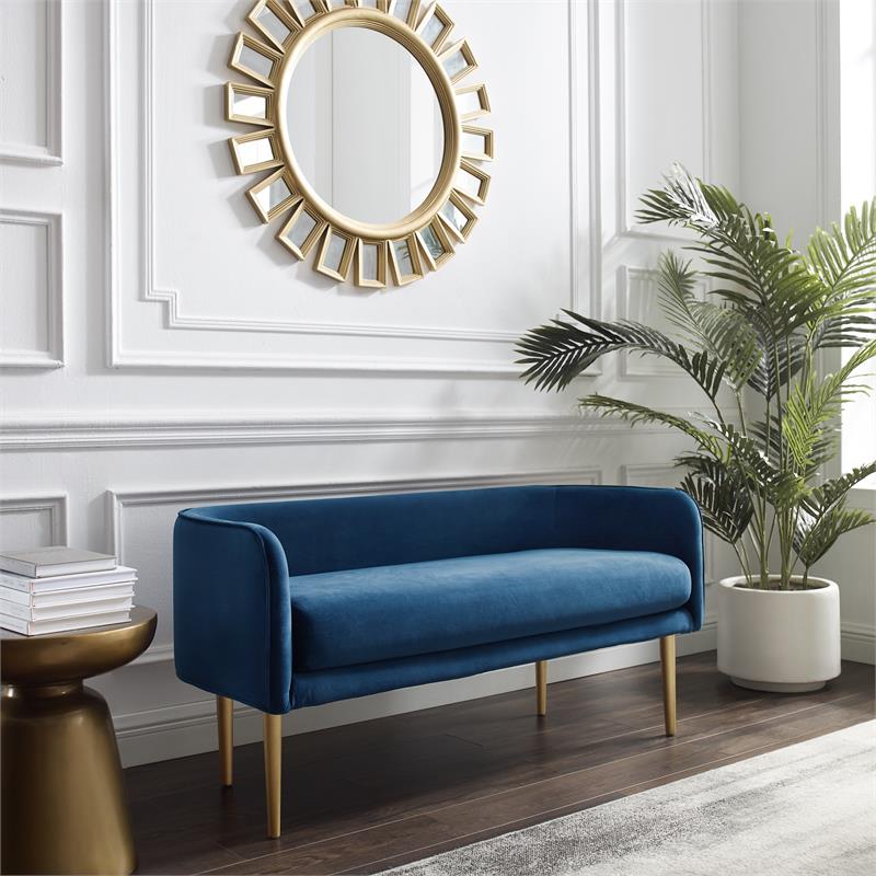 Matthias Rectangular Bench Navy Blue Velvet Upholstered Brushed Legs