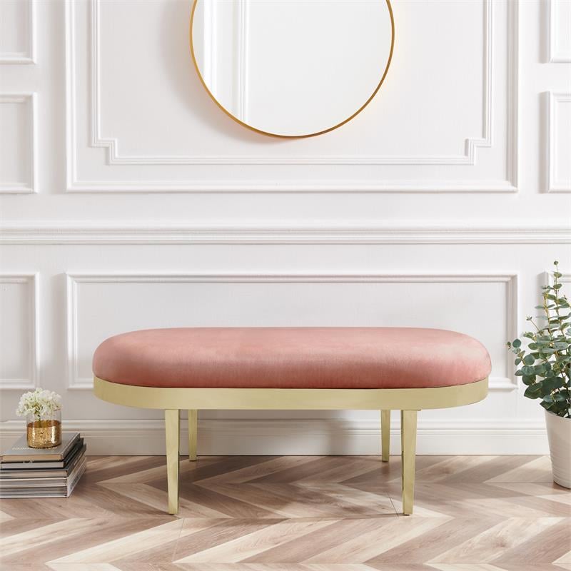 Issac Oval Bench Blush Velvet  Upholstered Polished Legs