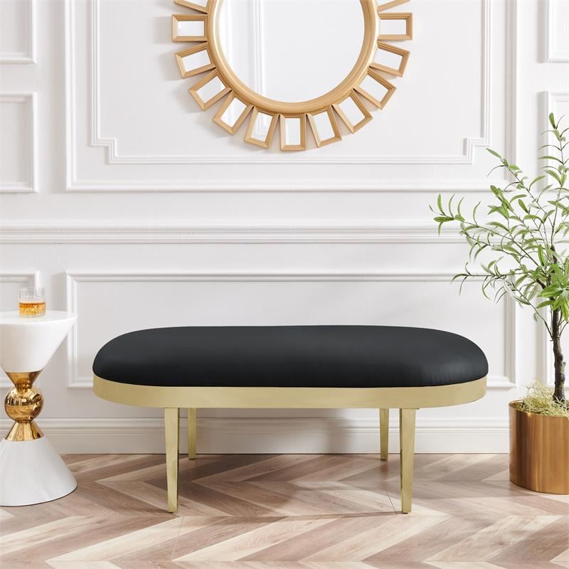 Issac Oval Bench Black Leather PU  Upholstered Polished Legs