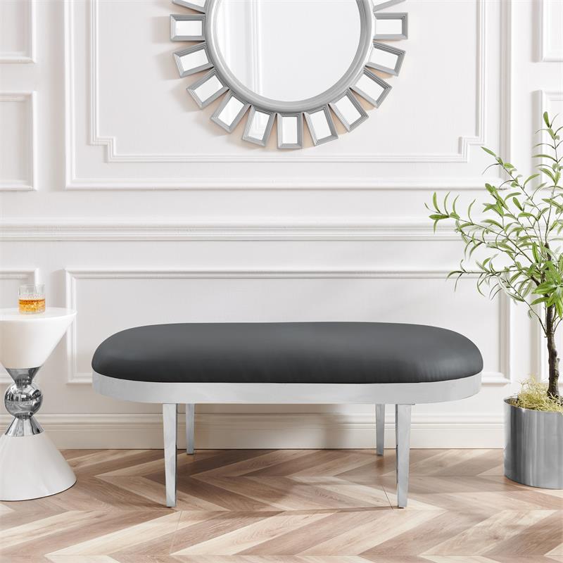 Issac Oval Bench Gray Leather PU  Upholstered Polished Legs