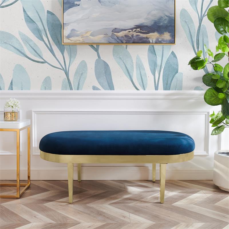 Issac Oval Bench Navy Blue Velvet  Upholstered Polished Legs