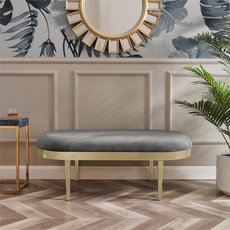 Issac Oval Bench Gray Velvet  Upholstered Polished Legs