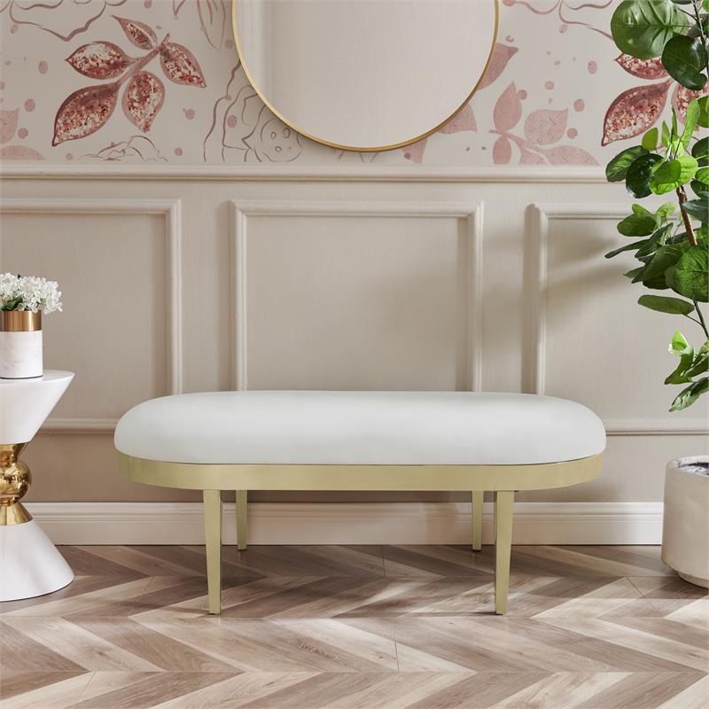 Issac Oval Bench White Leather PU  Upholstered Polished Legs