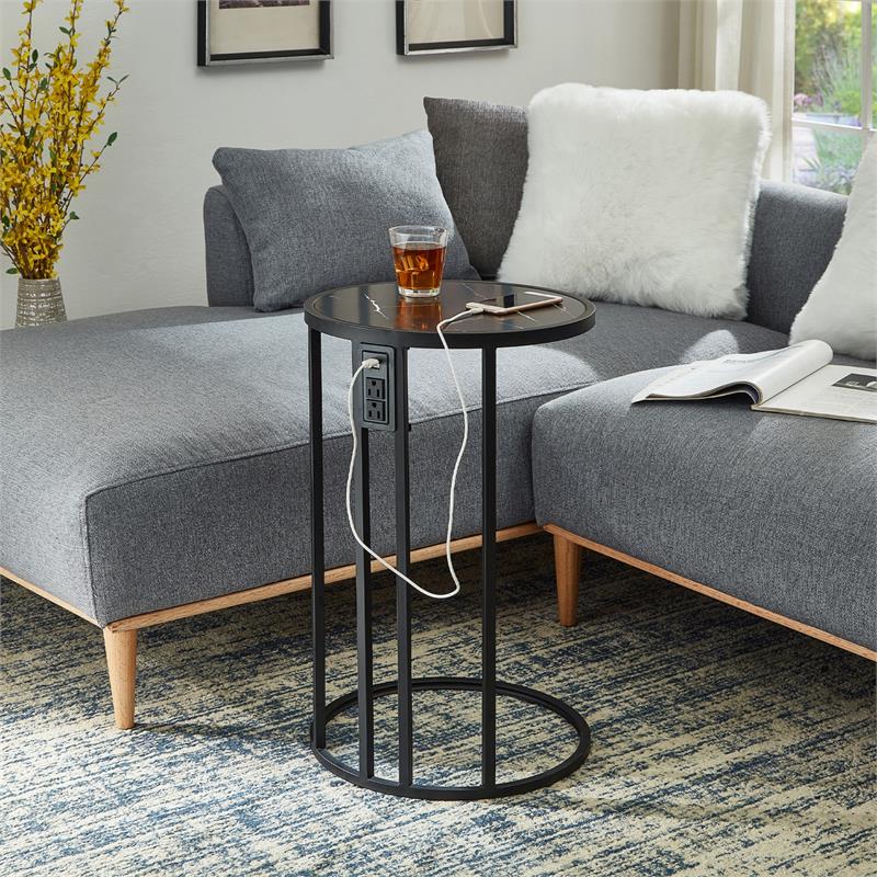 Annabel End Table Black with Faux Marble Veneer Top Black Metal Base