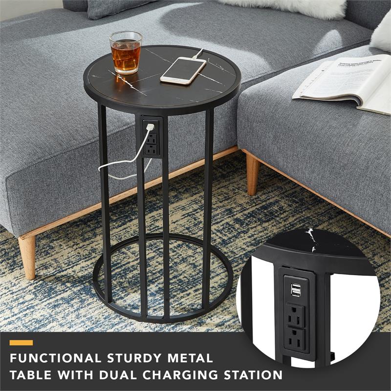 Annabel End Table Black with Faux Marble Veneer Top Black Metal Base