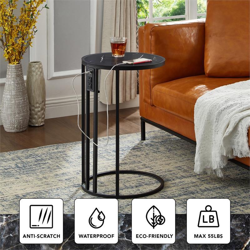 Annabel End Table Black with Faux Marble Veneer Top Black Metal Base