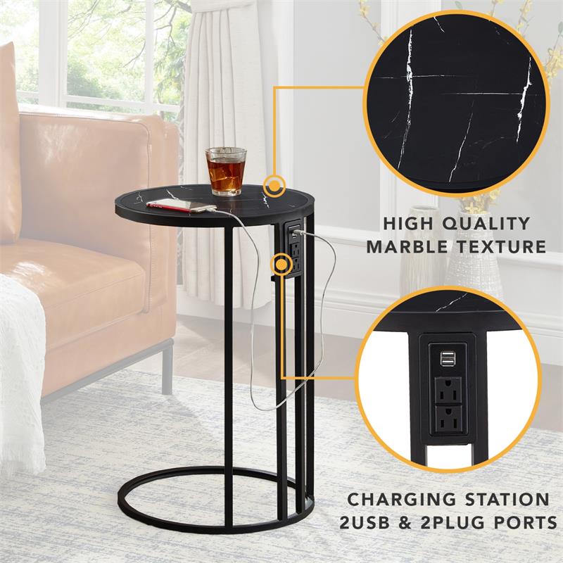 Annabel End Table Black with Faux Marble Veneer Top Black Metal Base