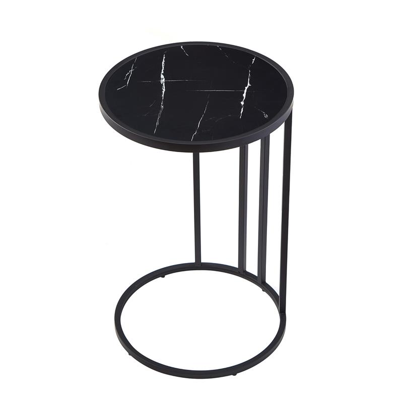 Annabel End Table Black with Faux Marble Veneer Top Black Metal Base