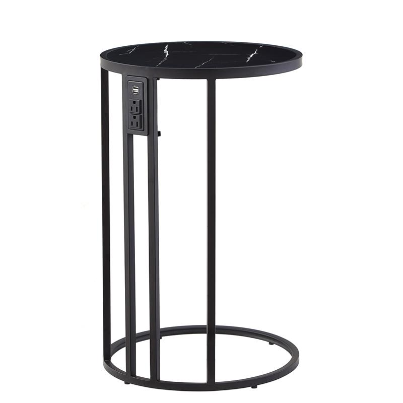 Annabel End Table Black with Faux Marble Veneer Top Black Metal Base