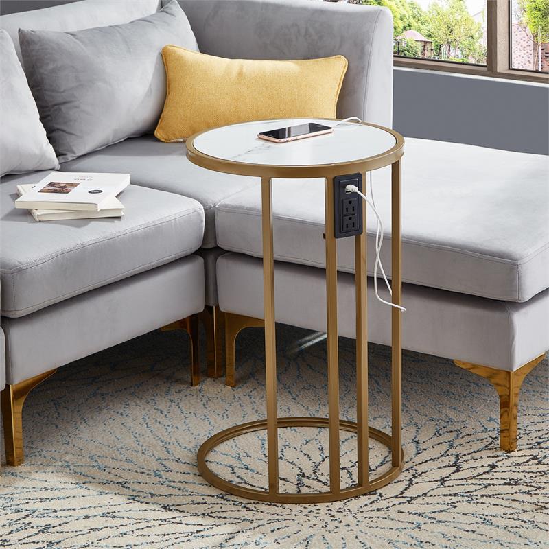 Annabel End Table White with Faux Marble Veneer Top Gold Metal Base
