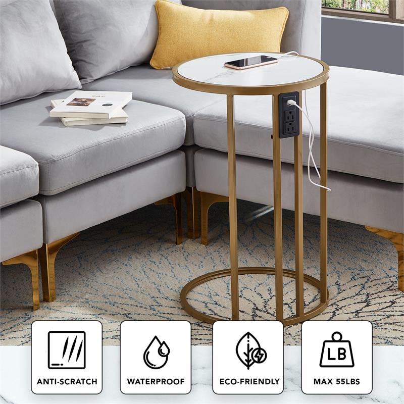 Annabel End Table White with Faux Marble Veneer Top Gold Metal Base