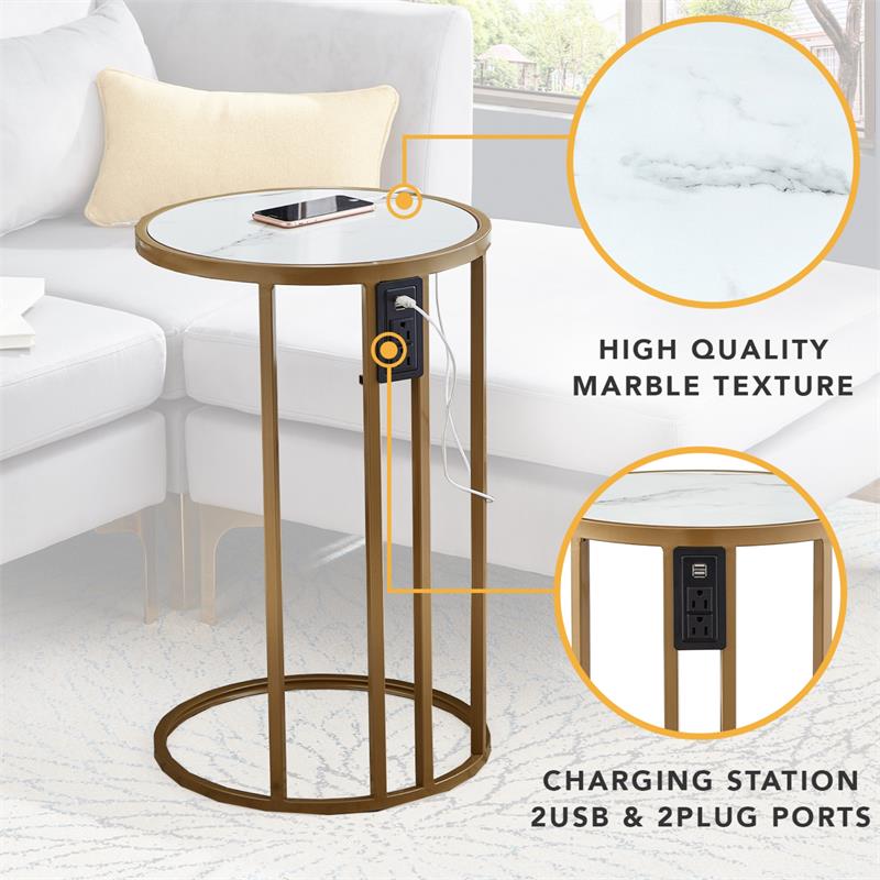 Annabel End Table White with Faux Marble Veneer Top Gold Metal Base