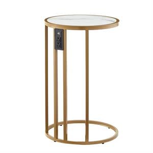 Annabel End Table White with Faux Marble Veneer Top Gold Metal Base