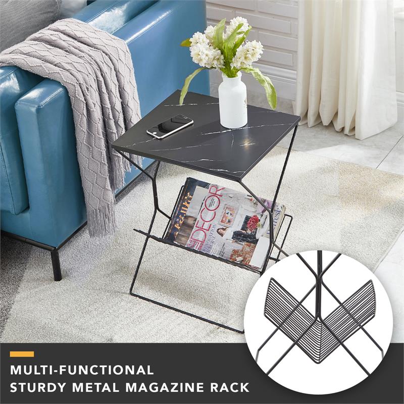 Quinton End Table Black/Black Rectangular Faux Marble Magazine Holder