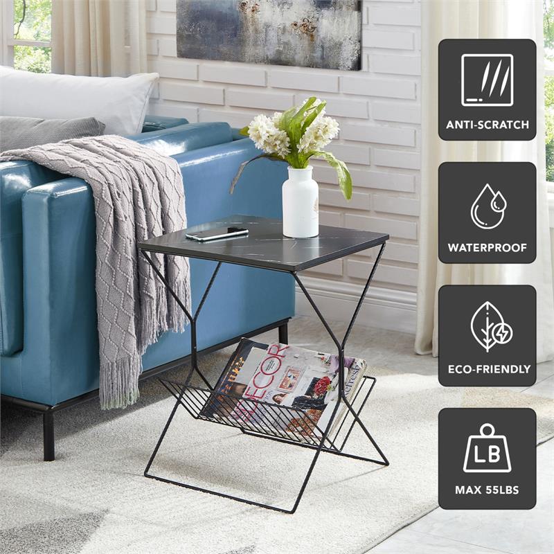 Quinton End Table Black/Black Rectangular Faux Marble Magazine Holder