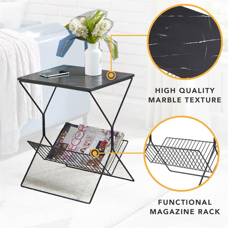 Quinton End Table Black/Black Rectangular Faux Marble Magazine Holder