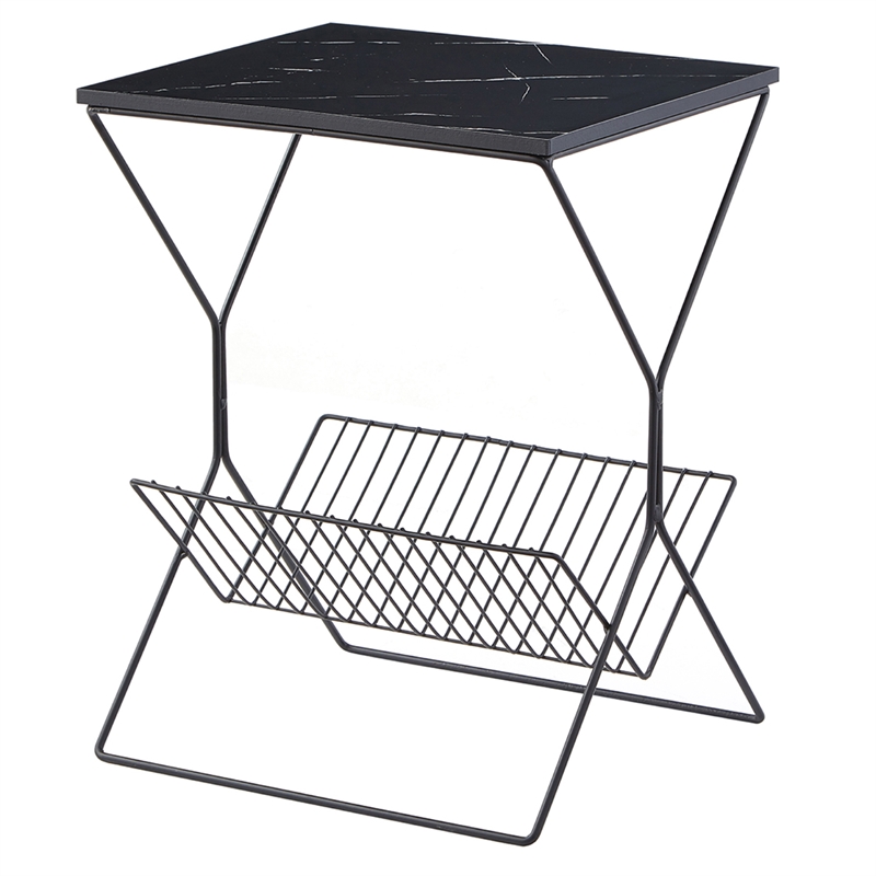 Quinton End Table Black/Black Rectangular Faux Marble Magazine Holder