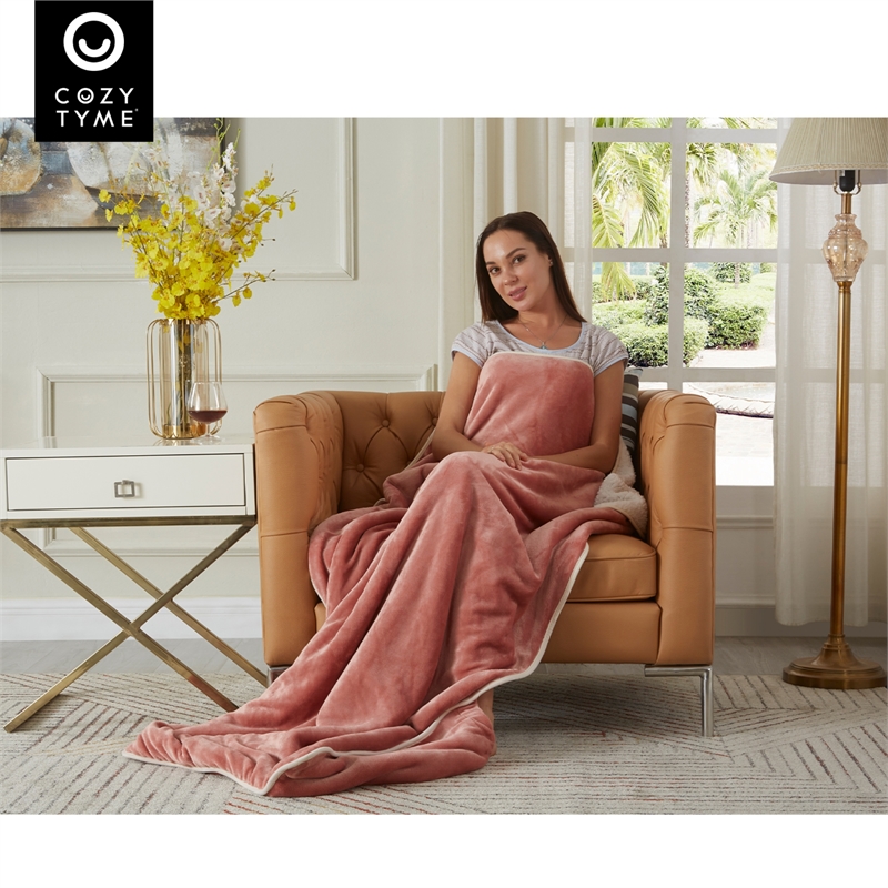 Mekhi Sherpa Polyester Throw Blanket with Feet Pocket Blush Pink 28