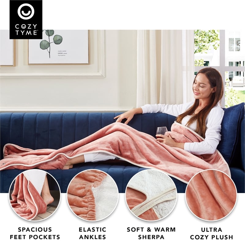 Mekhi Sherpa Polyester Throw Blanket with Feet Pocket Blush Pink 28
