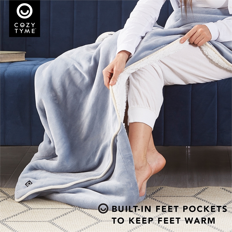 Mekhi Sherpa Polyester Throw Blanket with Feet Pocket Light Blue 28