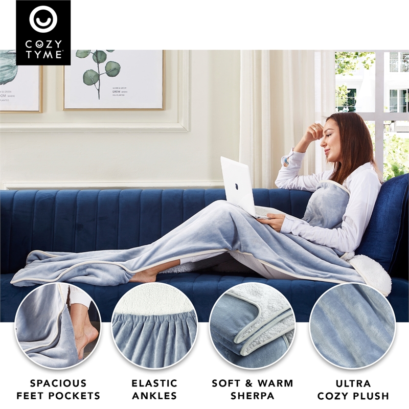 Mekhi Sherpa Polyester Throw Blanket with Feet Pocket Light Blue 28