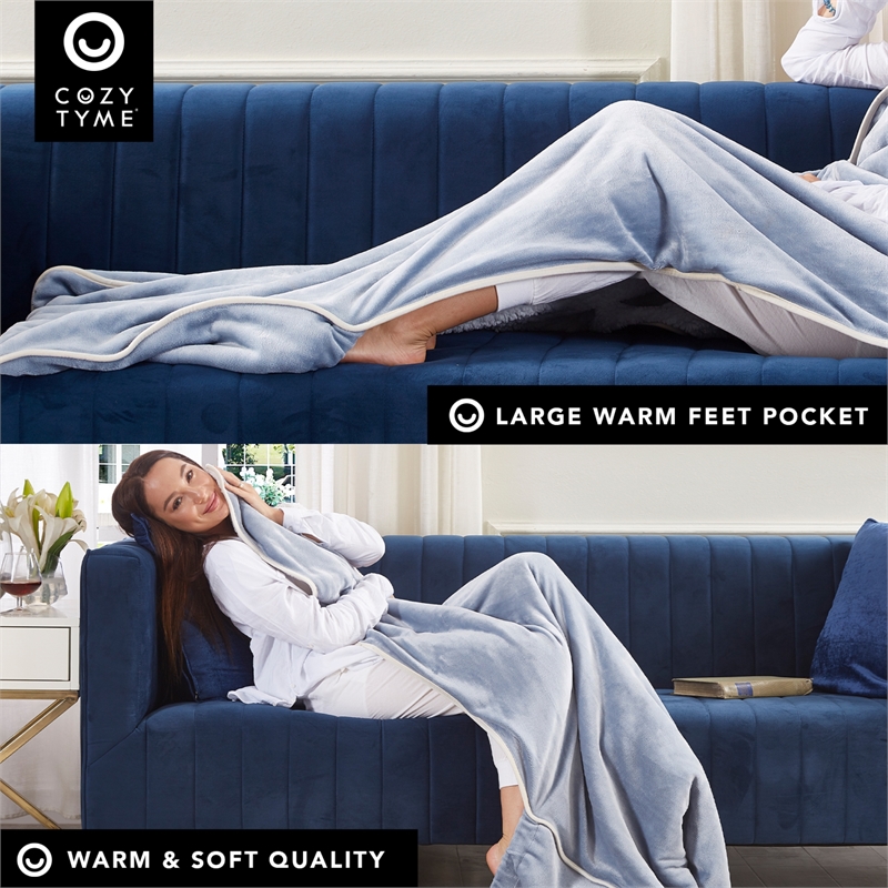 Mekhi Sherpa Polyester Throw Blanket with Feet Pocket Light Blue 28