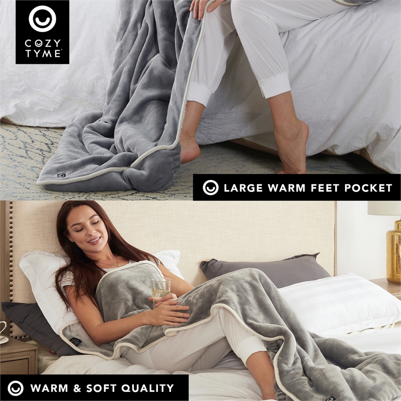 Mekhi Sherpa Polyester Throw Blanket with Feet Pocket Light Gray 28