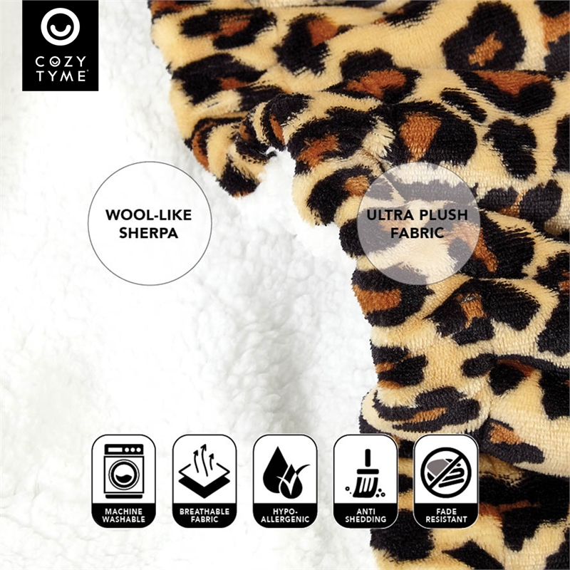 Mekhi Sherpa Polyester Throw Blanket with Feet Pocket Leopard 28