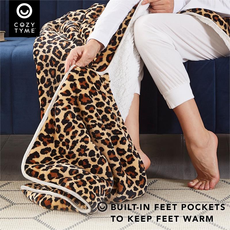 Mekhi Sherpa Polyester Throw Blanket with Feet Pocket Leopard 28