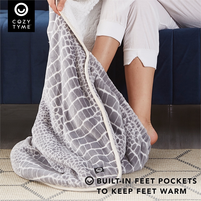 Mekhi Sherpa Polyester Throw Blanket with Feet Pocket Crocodile 28