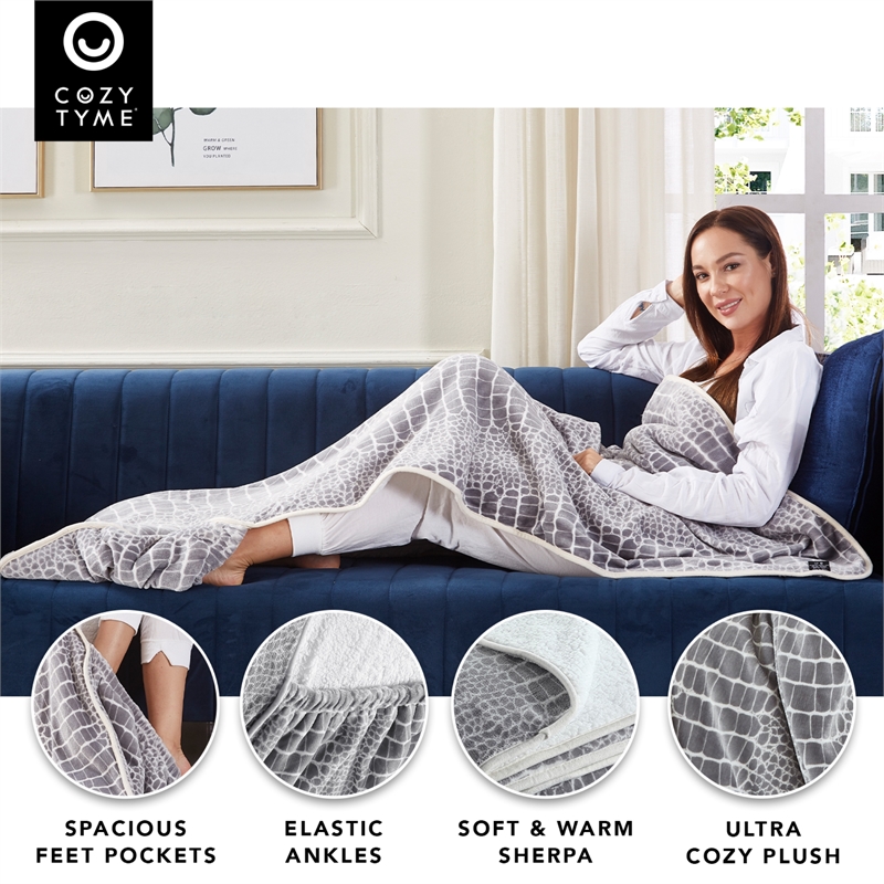 Mekhi Sherpa Polyester Throw Blanket with Feet Pocket Crocodile 28