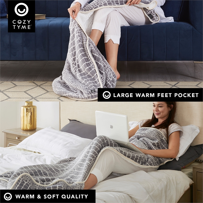 Mekhi Sherpa Polyester Throw Blanket with Feet Pocket Crocodile 28