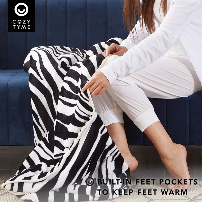 Mekhi Sherpa Polyester Extra Soft Throw Blanket with Feet Pocket Zebra 28